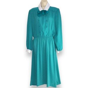 Vtg 80s BGB Womens Midi Dress Sz 14 Turquoise Tie Collar Feminine Office Teacher